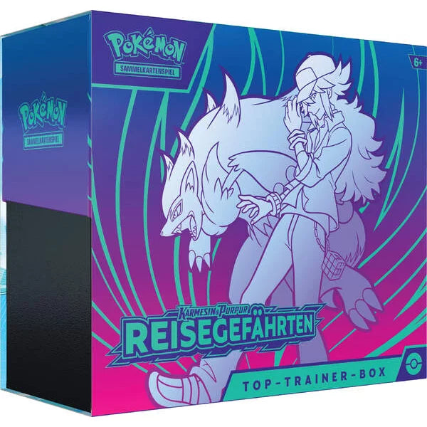 Pokémon Karmesin & Purpur Reisegefährten Top Trainer Box Deutsch - Enthält 9 Boosterpacks , holografische Ns Zorua Promokarte, 65 Kartenhüllen, Energiekarten, Würfel, Markenzeichen und Code-Karte für Pokémon TCG Live