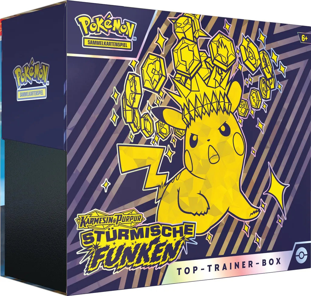 Pokémon Karmesin & Purpur Stürmische Funken Top Trainer Box Deutsch - Enthält 9 Boosterpacks , holografische Magneton Promokarte, 65 Kartenhüllen, Energiekarten, Würfel, Markenzeichen und Code-Karte für Pokémon TCG Live