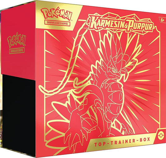 Pokémon Karmesin & Purpur SV1 Top Trainer Box Deutsch - Enthält 9 Boosterpacks , holografische Full Art- Foil Koraidon Promokarte, 65 Kartenhüllen, Energiekarten, Würfel, Markenzeichen und Code-Karte für Pokémon TCG Live