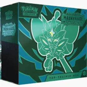 Pokémon Karmesin & Purpur Maskerade im Zwielicht Top Trainer Box Deutsch - Enthält 9 Boosterpacks , holografische Türkisgrüne Maske Ogerpon Promokarte, 65 Kartenhüllen, Energiekarten, Würfel, Markenzeichen und Code-Karte für Pokémon TCG Live