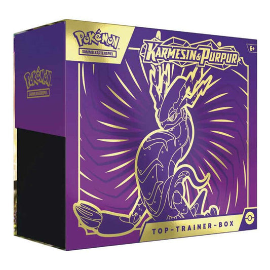 Pokémon Karmesin & Purpur SV1 Top Trainer Box Deutsch - Enthält 9 Boosterpacks , holografische Full Art- Foil Miraidon Promokarte, 65 Kartenhüllen, Energiekarten, Würfel, Markenzeichen und Code-Karte für Pokémon TCG Live